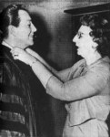 Robert Taylor shown her on 10/25/63 with his former drama instructor before the ceremony in which Doane granted him the honorary degree of Doctor of Humane Letters.